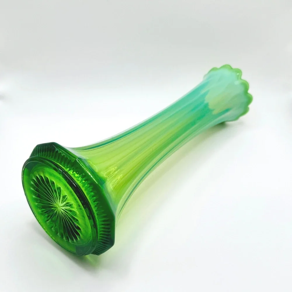 Vintage Green Opalescent Glass Vase 10